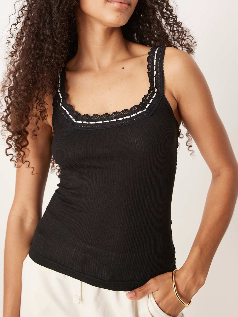Free People Only You Lace Trim Rib Black Tank Top Size Small NWT